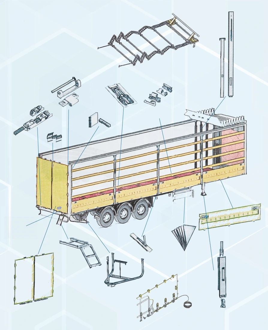 Curtainsider trailer frame and component application diagram